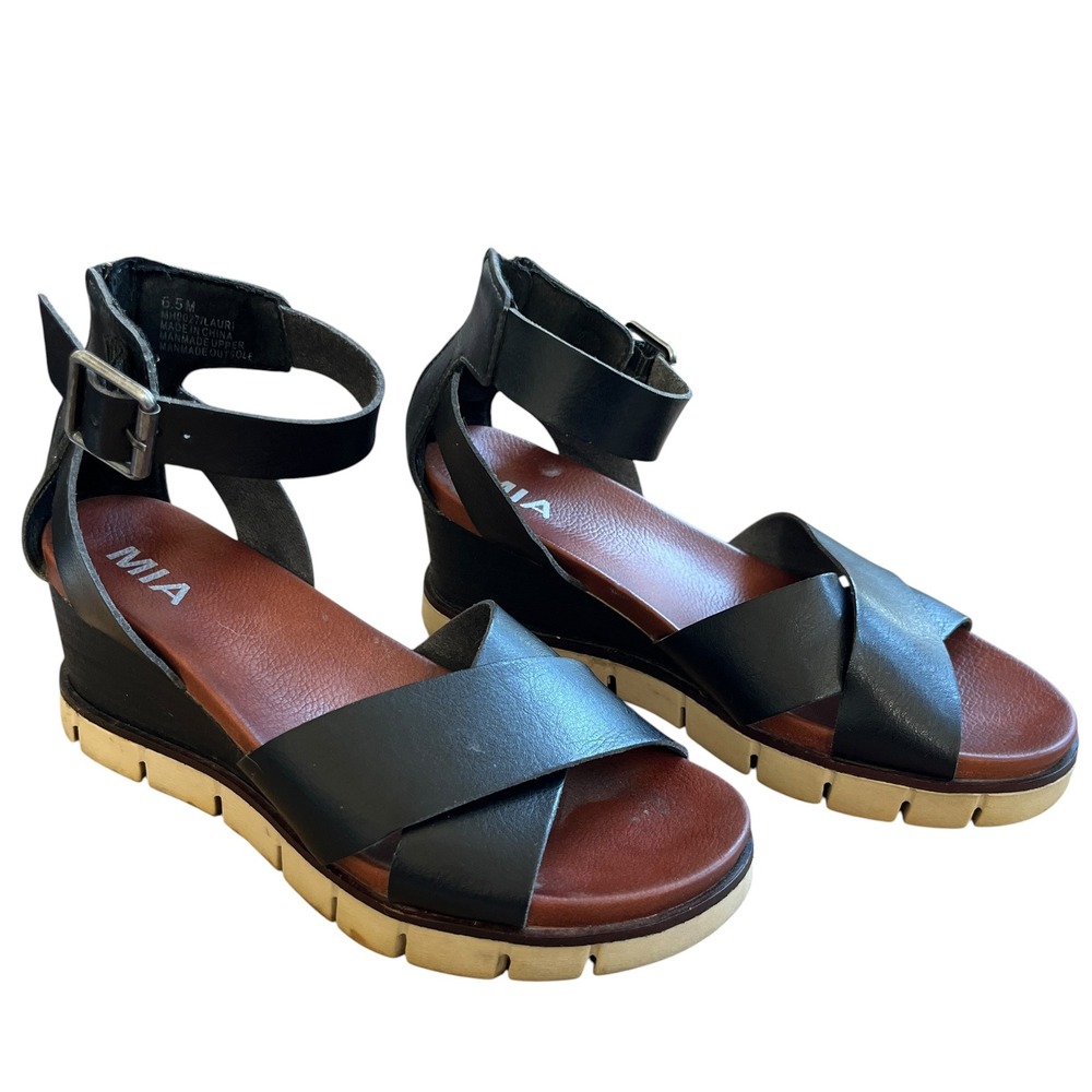 MIA Lauri Black Criss Cross Ankle Strap Platform Wedge Sandals Womens 6.5M